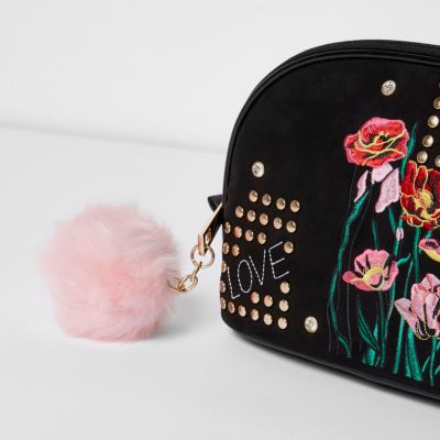 Black floral embroidered make-up bag